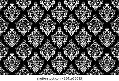Floral pattern. Seamless vector background. Vintage wallpaper in the Baroque style. White and black ornament for fabric, wallpaper, packaging. Ornate Damask flower illustration.