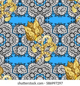 Floral pattern. Seamless vector background. Golden elements on blue background. Wallpaper baroque, damask. Stylish graphic pattern.