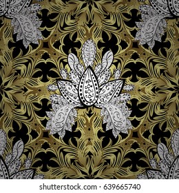 Floral pattern. Seamless vector background. Stylish graphic pattern. Golden elements on black background. Wallpaper baroque, damask.
