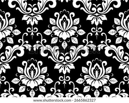 Floral pattern. Seamless vector background. Vintage wallpaper in the Baroque style. White and black ornament for fabric, wallpaper, packaging. Ornate Damask flower illustration.