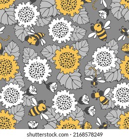 Floral pattern. Seamless vector pattern with bees and dragonflies, small buds on a branch, varied foliage. Botanical print with autumn mood. Vector printing of fabrics and polygraphy products