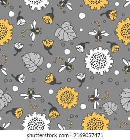 Floral pattern. Seamless vector pattern with bees and small honeycombs, varied foliage. Botanical print with autumn mood. Vector printing of fabrics and polygraphy products