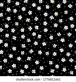 Floral pattern. Seamless vector illustration. Set of white flower and leaf on black background.