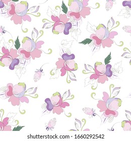 Floral pattern. Seamless vector ornament of abstract pink and purple flowers drawn by hand. Background for fabric, textile, paper, Wallpaper