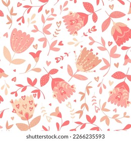 Floral pattern. Seamless vector texture with flowers for fashion prints or wall paper. Hand drawn style, light background.