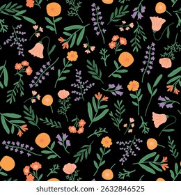 Floral pattern, floral seamless pattern, vintage. Floral print for packaging, textiles, wrapping paper, wallpaper, fashion.Bellflower; lilac; dandelion