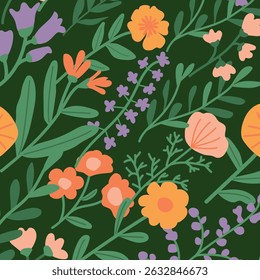 Floral pattern, floral seamless pattern, vintage. Floral print for packaging, textiles, wrapping paper, wallpaper, fashion.
Bellflower; lilac; dandelion