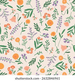 Floral pattern, floral seamless pattern, vintage. Floral print for packaging, textiles, wrapping paper, wallpaper, fashion. Bellflower; lilac; dandelion