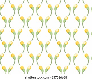 Floral pattern, seamless, yellow buds, white background, vector. Vertical garlands of yellow buds on a white field. Colored, flat background. 