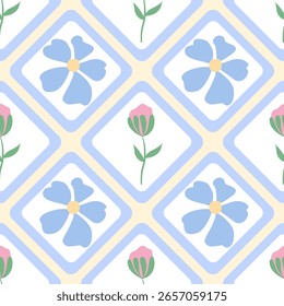 Floral pattern seamlessly repeating, pastel color flowers and grid, creating a lovely design. Perfect background, inviting and peaceful.