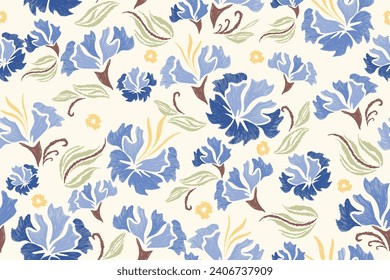 Floral ikat patrón borde sin fisuras.Flores azules pasteles Ikat diseño paisley bordado con motivos florales. Patrón étnico oriental tradicional. Ikat patrón de ilustración vectorial sin fisuras. 