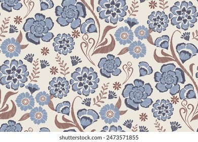 Patrón floral sin fisuras. Flores azul pastel Ikat diseño bordado paisley con motivos florales. Patrón étnico tradicional oriental. Ikat patrón de Ilustración vectorial sin fisuras. 