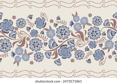 Patrón floral sin fisuras. Flores azul pastel Ikat diseño bordado paisley con motivos florales. Patrón étnico tradicional oriental. Ikat patrón de Ilustración vectorial sin fisuras. 