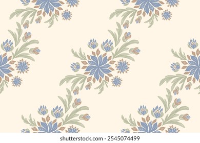Padrão floral sem costura.Pastel flores azuis Ikat design bordado paisley com motivos florais. Padrão étnico oriental tradicional. Ilustração de vetor sem emenda de padrão Ikat. 