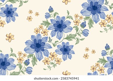 Floral pattern seamless.Pastel blue flowers Ikat design paisley embroidery with floral motifs. Ethnic pattern oriental traditional. Ikat pattern seamless vector illustration. 