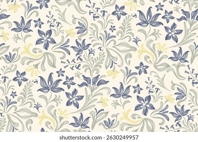 Padrão floral sem costura.Pastel flores azuis Ikat design bordado paisley com motivos florais. Padrão étnico oriental tradicional. Ilustração de vetor sem emenda de padrão Ikat. 