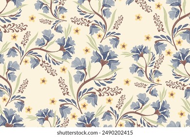 Patrón floral sin fisuras. Flores de magnolia azul pastel Ikat bordado textura diseño paisley motivos florales. Patrón étnico oriental tradicional Ilustración vectorial dibujado a mano. 