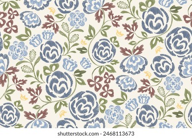 Patrón floral sin fisuras. Flores de rosa azul pastel Ikat diseño paisley bordado con motivos florales. Patrón étnico tradicional oriental. Ikat patrón de Ilustración vectorial sin fisuras. 