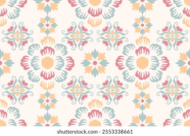 Floral pattern seamless.Pastel color paisley embroidery with floral motifs. Ethnic pattern oriental traditional. boho groovy style.Design for background, carpet, mat, wallpaper, clothing, wrapping