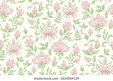 Floral pattern seamless.Pastel pink lotus flowers Ikat design paisley embroidery with floral motifs. Ethnic pattern oriental traditional. Ikat pattern seamless vector illustration. 