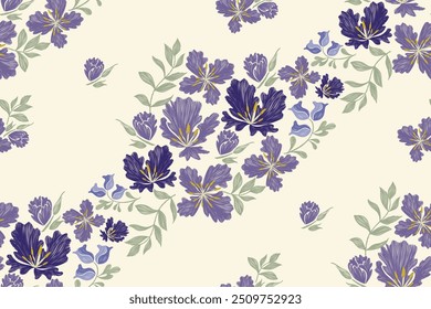 Padrão floral sem costura.Pastel roxo flores azuis Ikat design bordado paisley com motivos florais. Padrão étnico oriental tradicional. Ilustração de vetor sem emenda de padrão Ikat