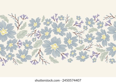 Floral pattern seamless.Pastel vintage  blue flowers Ikat design paisley embroidery with primrose floral ditsy motifs. Ethnic  oriental traditional vector illustration. 