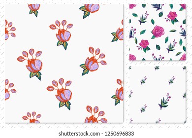 Floral pattern set. Collection of 3 embroidery flowers seamless patterns. Colorful bright illustration on white background.
