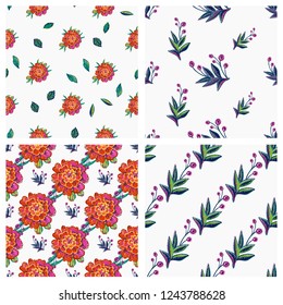 Floral pattern set. Collection of 4 embroidery flowers seamless patterns. Colorful bright illustration on white background.
