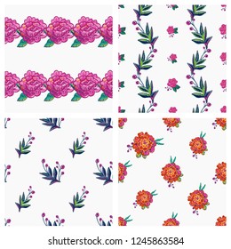 Floral pattern set. Collection of 4 embroidery flowers seamless patterns. Colorful bright illustration on white background.
