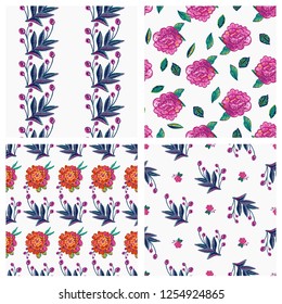 Floral pattern set. Collection of 4 embroidery flowers seamless patterns. Colorful bright illustration on white background.
