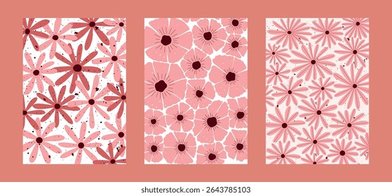 floral pattern set with hand drawn daisy and poppy flowers in pink and red palette for fabric, wrapping paper, wallpaper and spring decor