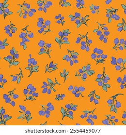 floral pattern in shades of blue and purple on an orange background