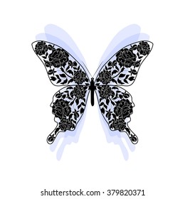 Floral pattern in a shape of a butterfly with with blue wings.