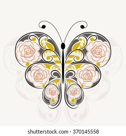 Floral pattern in a shape of a butterfly with shadow isolated on white background.