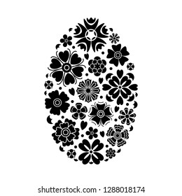 Floral Pattern in the Shape of an Easter Egg. Black and White Vector Illustration