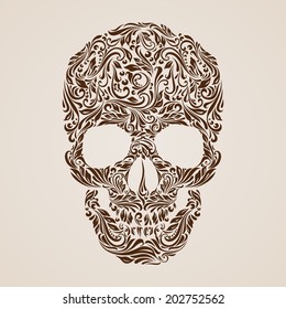 Floral pattern in the shape of a skull on a beige background. Day of the Dead