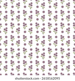 Floral pattern showcasing stylized purple flowers with green leaves repeatedly arranged against a plain white background, ideal for use in textiles, wallpapers, and decorative designs.