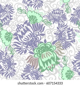 Floral pattern silhouette stems ornament leaves and flowers layered pastel color. Hand drawn vector curves floral stems and ethnic flowers violet green color.