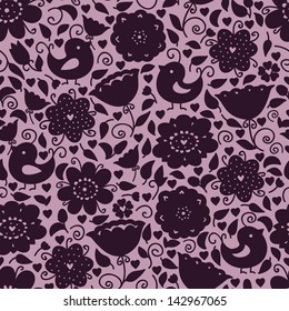  floral  pattern of silhouettes. Cute doodle floral seamless pattern with silhouettes of birds and flowers.  