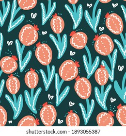Patrón floral. Las flores simples se ciernen sobre un fondo oscuro. Para textiles, tela, fondo, papel de embalaje, papel pintado.