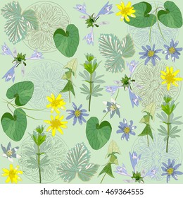 Floral pattern. Simple flowers and herbs. Plant Hosta, dandelion leaf, raspberry leaf, ficaria verna and other plants. Black background with slices of lemon. Vector 8.