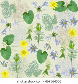 Floral pattern. Simple flowers and herbs. Plant Hosta, dandelion leaf, raspberry leaf, ficaria verna and other plants. Black background with slices of lemon. Vector 8.