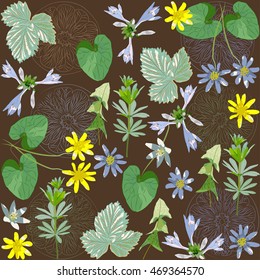 Floral pattern. Simple flowers and herbs. Plant Hosta, dandelion leaf, raspberry leaf, ficaria verna and other plants. Black background with slices of lemon. Vector 8.