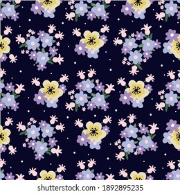 Floral pattern. Simple lilac and pink wildflowers on a dark background. For textiles, fabric, background, packaging paper, wallpaper.