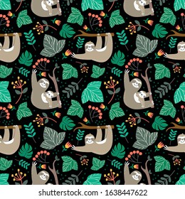 Floral Pattern with sloth concept in the black backdrop. spring pattern in the black backdrop