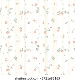 Blumenmuster in kleinem Design. Kleine süße Blumen auf gelbem Streifenhintergrund. Ditsy florale nahtlose Muster. Ziemlich klein. Schmetterlingserbsenblume, Oberflächendesign für Mode, Tapete, Textil,