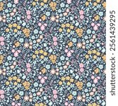 Floral pattern in small flower. Small pretty flowers on dark background. Ditsy print, ditsy style, liberty design.Sweet floral seamless pattern for fashion, wrapping, printing on fabrics and surface.