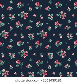 Floral pattern in small flower. Small pretty flowers on dark background. Ditsy print, ditsy style, liberty design.Sweet floral seamless pattern for fashion, wrapping, printing on fabrics and surface.