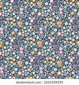 Floral pattern in small flower. Small pretty flowers on dark background. Ditsy print, ditsy style, liberty design.Sweet floral seamless pattern for fashion, wrapping, printing on fabrics and surface.