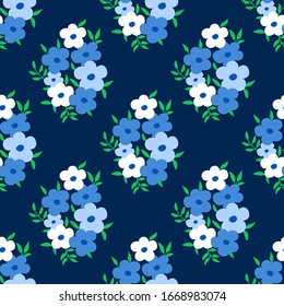 Floral pattern with small flowers bouquet of blue flowers on dark background. Seamless abstract design. Ditsy print for fashion dress textile, wallpaper and home decor. Vector. 